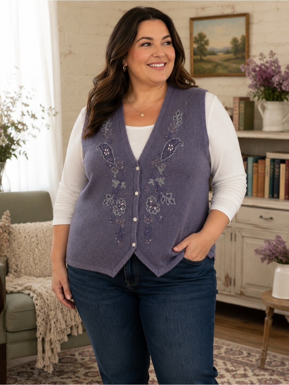 Koret NWT Beaded Embroidered Wool Blend Sweater Vest Purple Floral Button Front